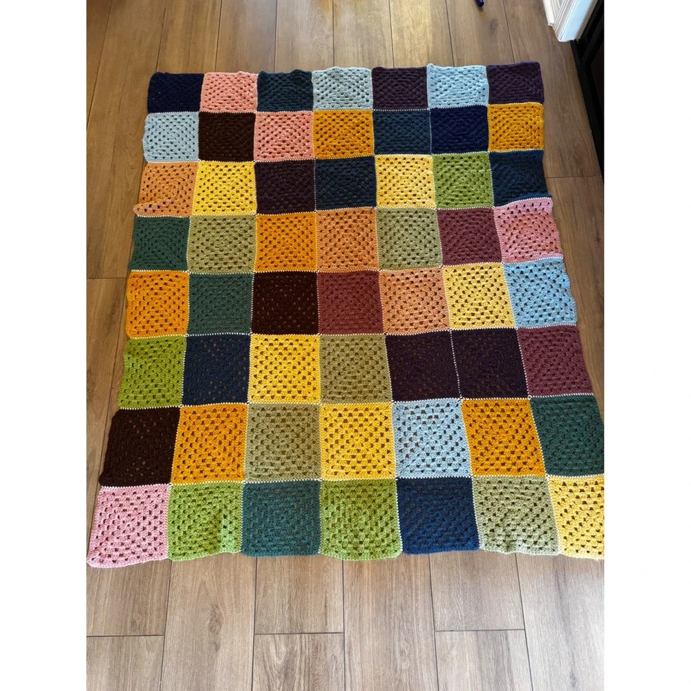 Vintage Handmade Crochet Granny Square Throw Blanket Patchwork Afghan